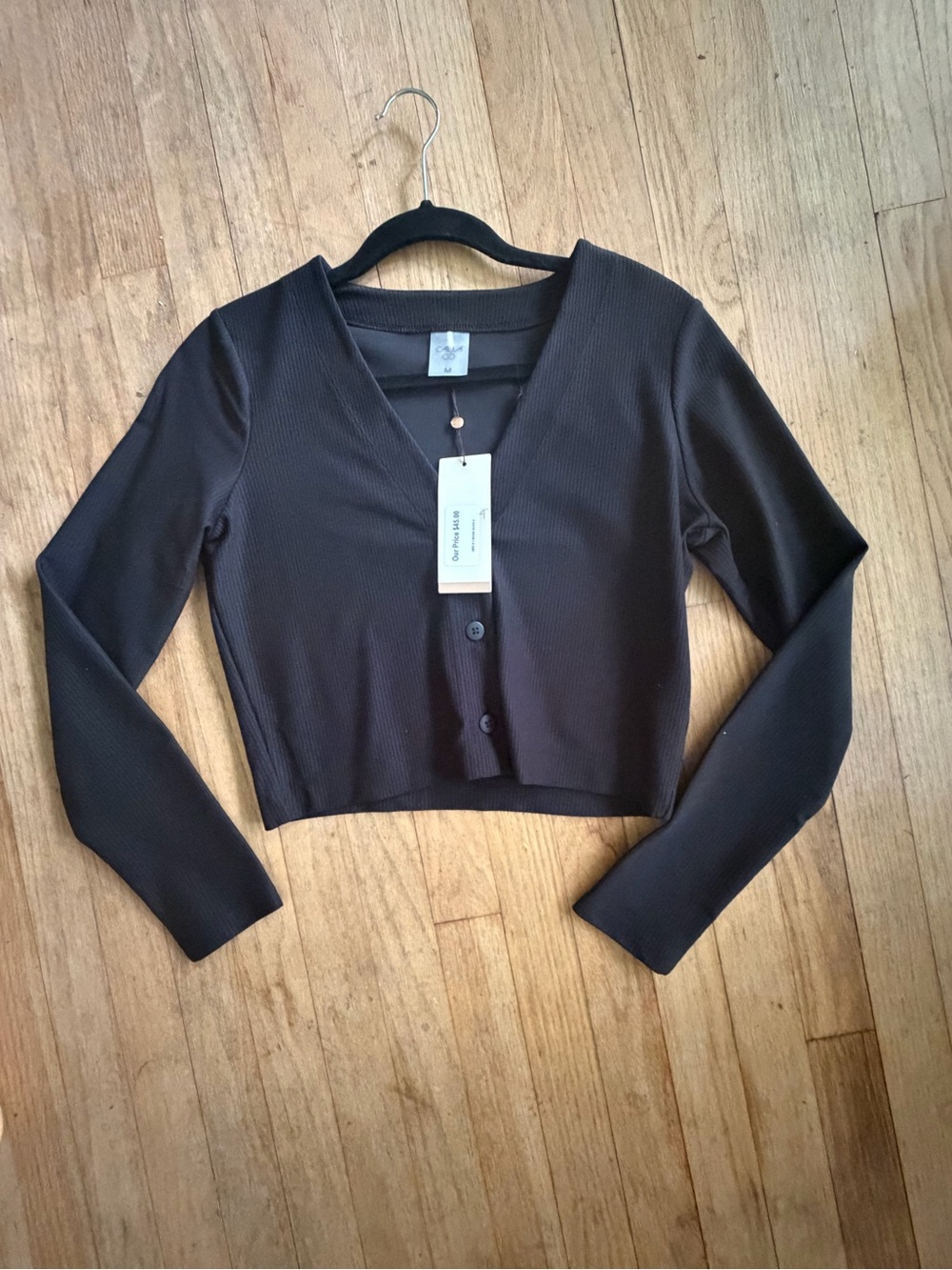 Calia Cropped Black V-Neck Button Front Women's athletic sweater top - Picture 1 of 6
